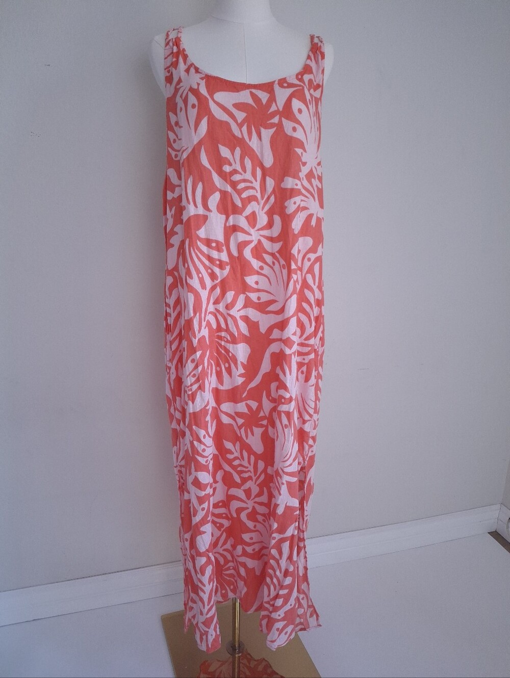 NWT Rachel Zoe Linen Blend Coral Hibiscus Tropical Print Sleeveless Maxi Dress